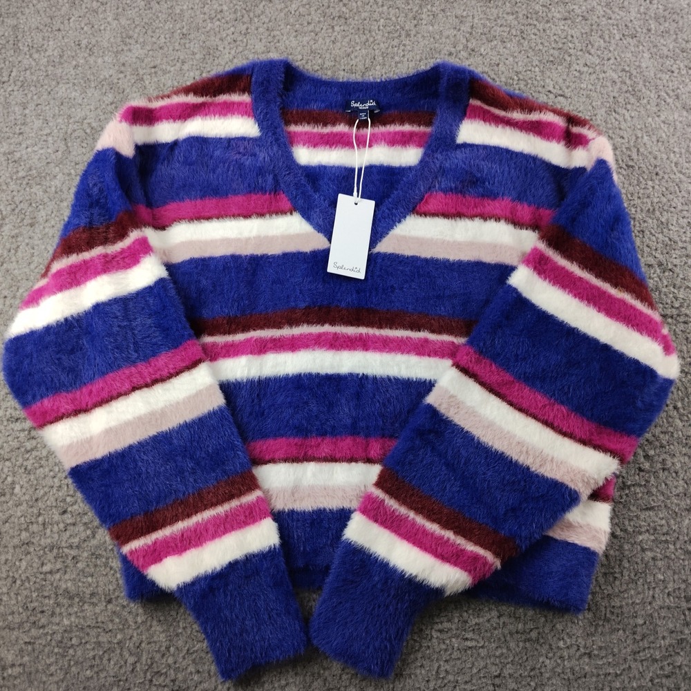 Splendid Sweater Sz Medium Blue Striped Crop Eyelash Knit Fuzzy Warm Soft NWT
